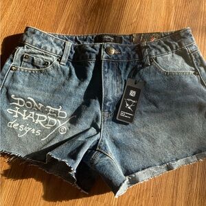 Ed Hardy Blue Denim Cutoff Shorts with Signature Logo